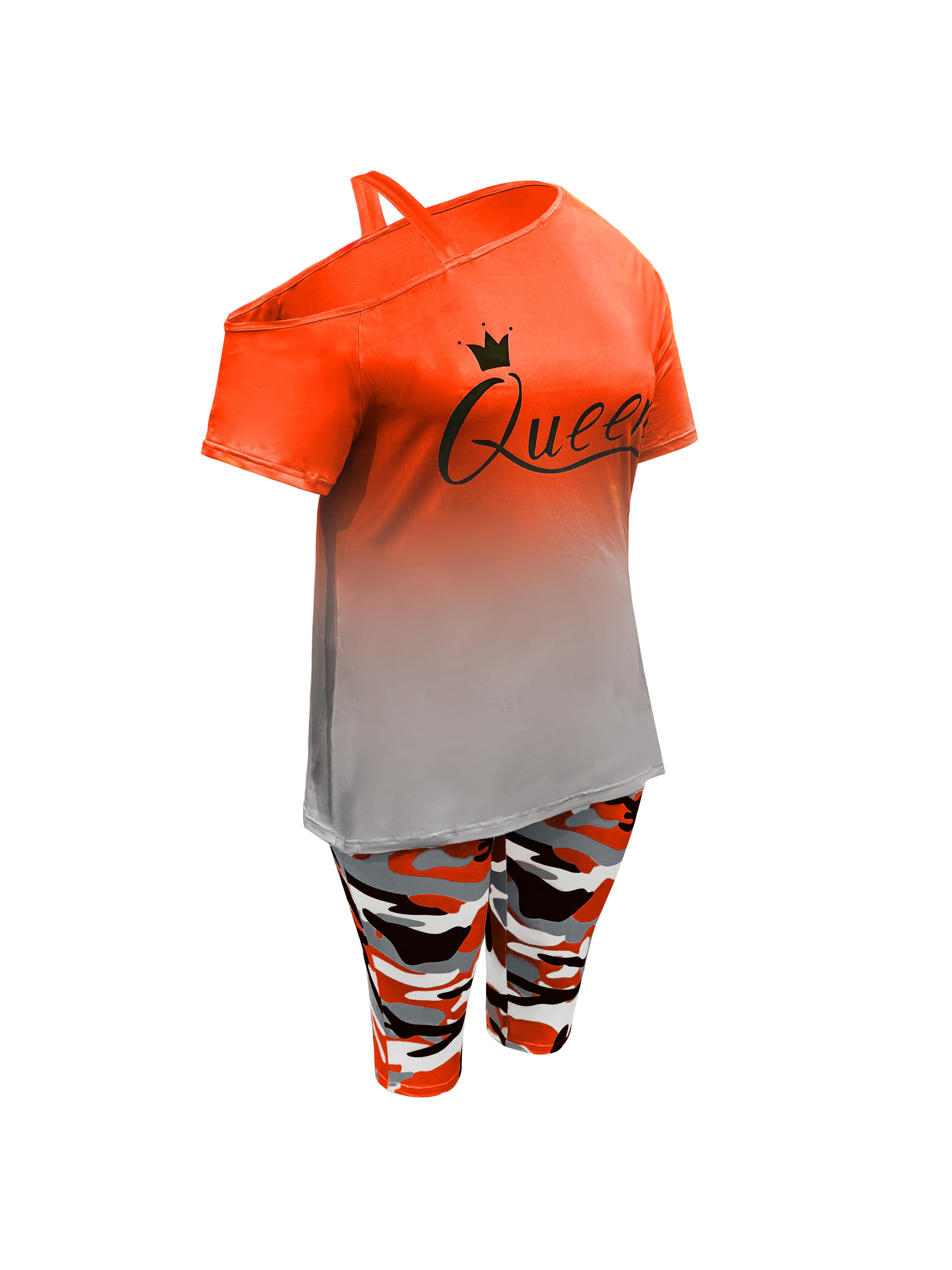 Women's 2-Piece Casual Chic Cowl Neck Shortsleeve Outfits - "Queen" Lettering Camisole, Camouflage Shorts, Casual Vacation Wear, Casual Chic Set