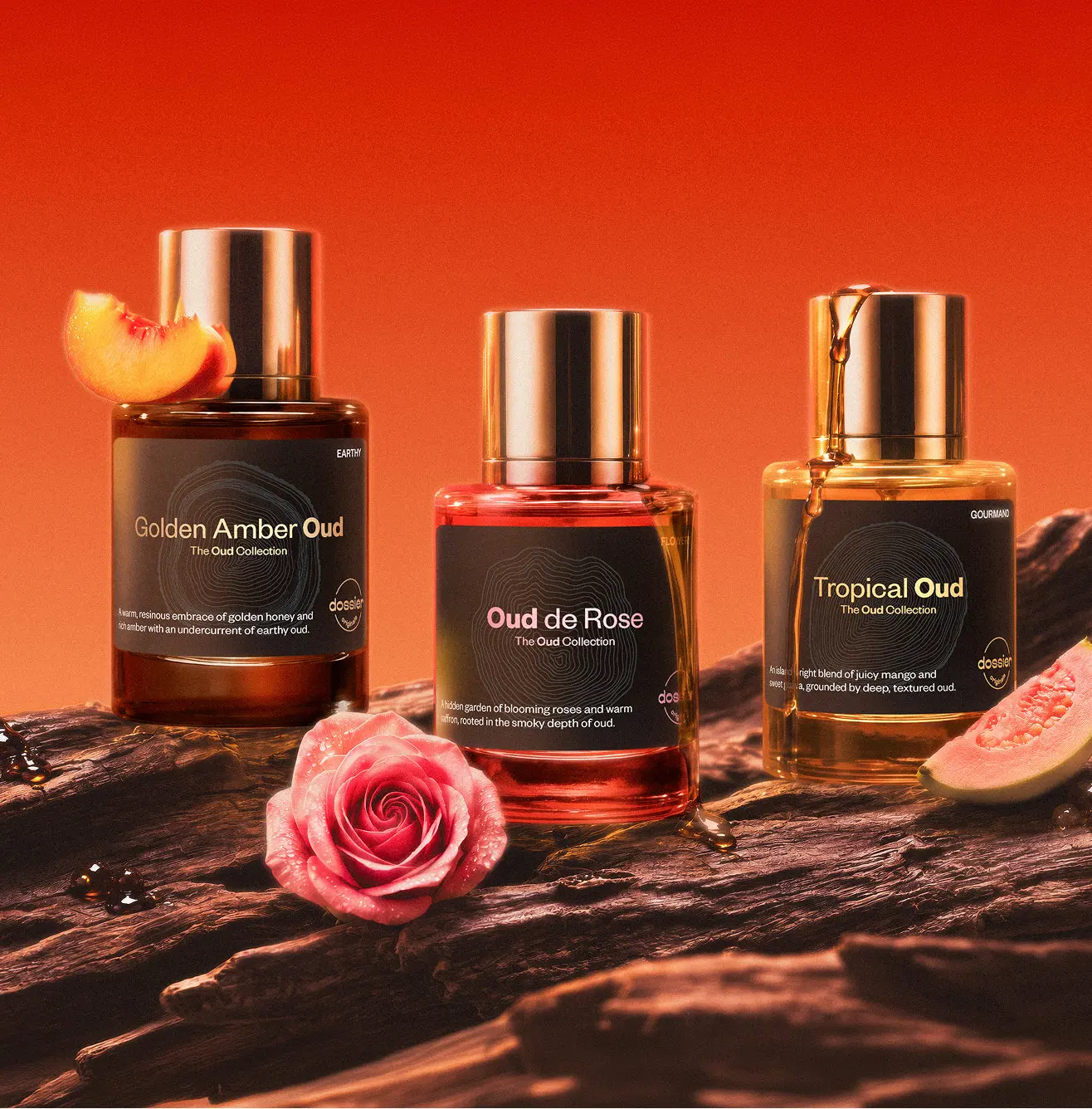 Oud Collection, Dossier, Unisex Perfume, 50ml, Eau de Parfum, Tropical Oud, Golden Amber Oud, Oud de Rose