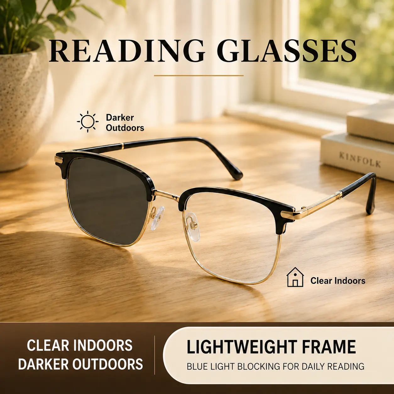 Unisex Non-prescription Photochromic Blue Light Blocking Glasses - Black Gold Semi-Rimless with UV Protection, Stylish Reading Glasses, Gafas de Lectura Fotocromáticas, Lightweight Readers Daily Clear Lens Minimal Luxury Design,  Fashion Daily Wear