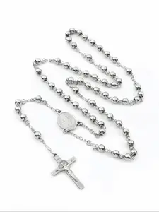 Women's Stainless Steel Rosary Necklace, Grunge Cross Necklace, Catholic Virgin Mary and Jesus Cross Beaded Long Chain, Fashion Jewelry
