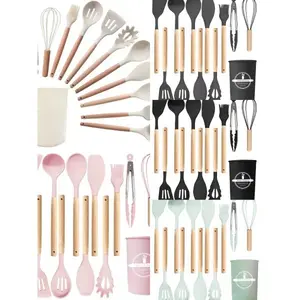 12-Piece Silicone Kitchen Utensil Set with Wooden Handles – Heat-Resistant Cooking Tools in Multiple Colors for Non-Stick Cookware