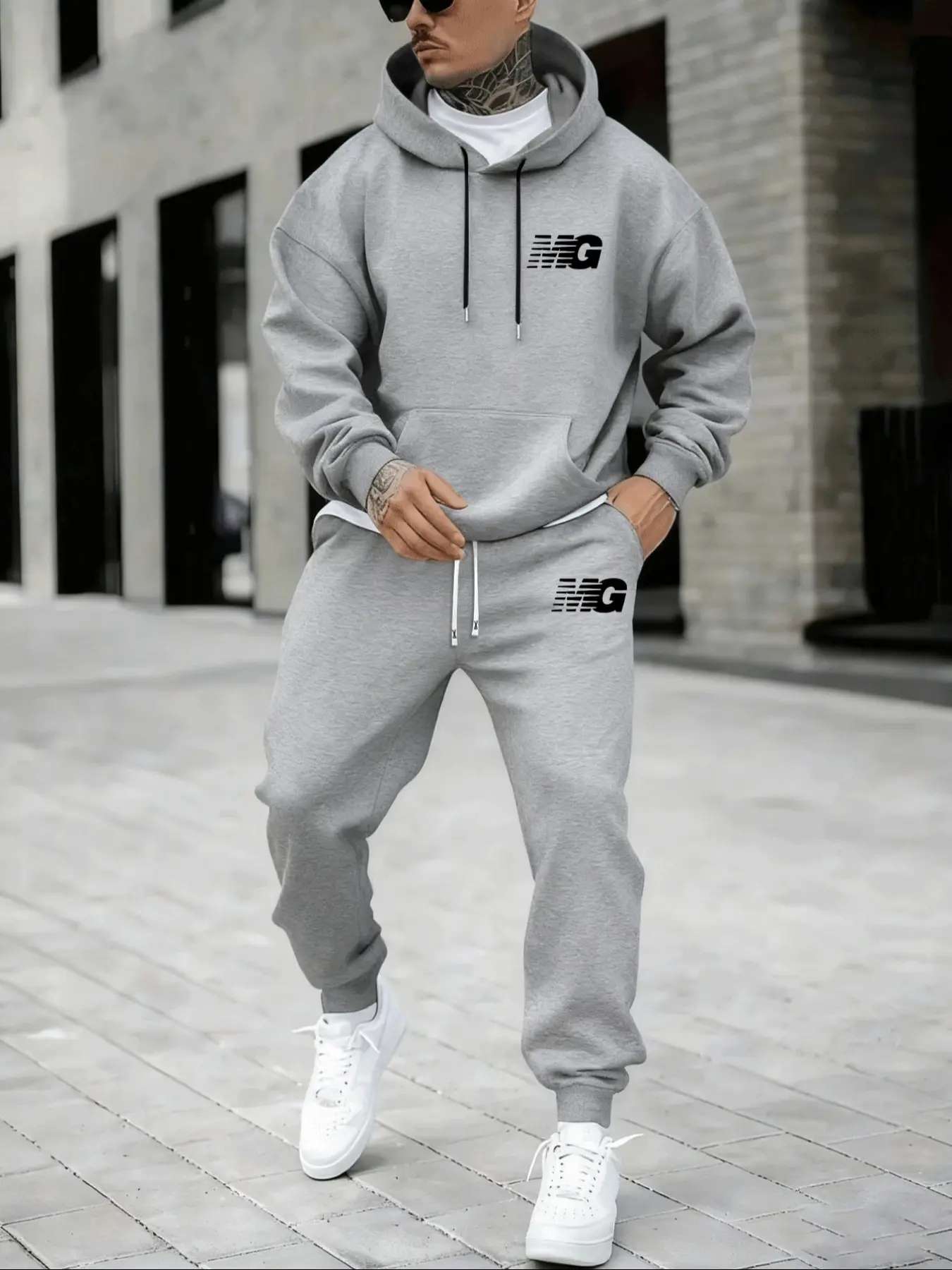Hypemode Plus Size Set, Geometric Letter Print Long Sleeves Hoodie & Jogger Pants, Casual Style, Comfortable Fit, Daily Wear, Loungewear, Fall & Winter Fashion