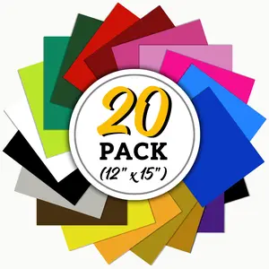 Heat Transfer Vinyl Assorted Colors Starter Pack - 20 Sheets - HTV Bundle Iron on for DIY T Shirts, Hats, Clothing for Silhouette Cameo, Cricut, or Heat Press Machine Tool (12"x15")