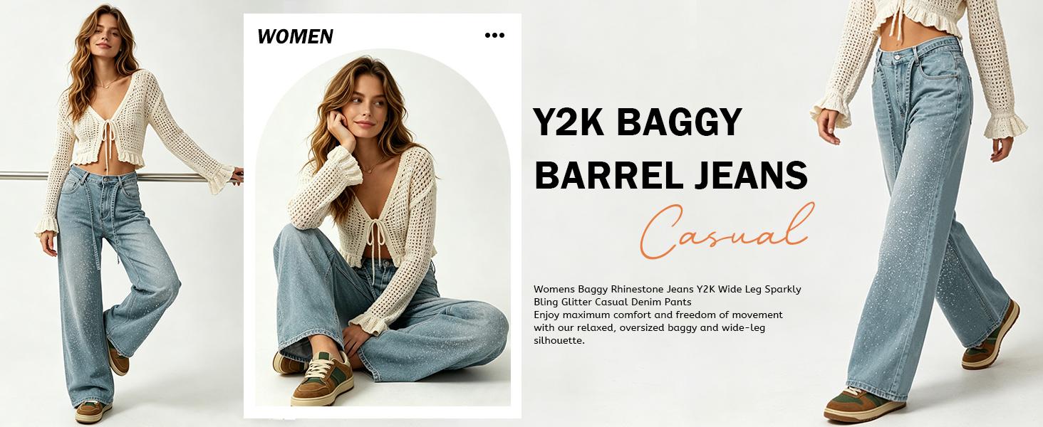 Tanming Womens Rhinestone Wide Leg Jeans High Waisted Baggy Sparkly Denim Pants Y2K Loose Fit Streetwear Trousers