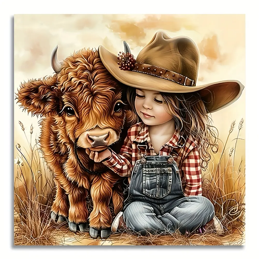 1pc Rustic Countryside Canvas Art Print, Highland Cow & Girl Wall Decor, Frameless Vintage Style Poster for Home, Office, Kids Room, Kitchen, Bathroom, 12x12 inches rimless