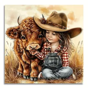 1pc Rustic Countryside Canvas Art Print, Highland Cow & Girl Wall Decor, Frameless Vintage Style Poster for Home, Office, Kids Room, Kitchen, Bathroom, 12x12 inches rimless