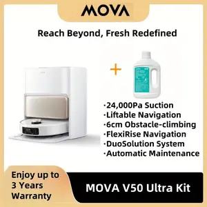 Mova V50 Ultra Kit ( Plus An Extra Cleaning Solution) Robot Vacuum Cleaner with Mopping Function, 24, 000 Pa Suction Power, Liftable Navigation with 2.36inch Obstacle Clearance, And Warm Water Mopping with DuoSolution System
