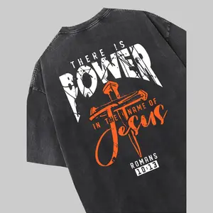 Men'S Christian Religious T-Shirt - Double-Sided Print of ' Name And Cross on The Back, Heavyweight 230G Washed T-Shirt, Brown with Black/Orange Accents - Daily Faith Apparel for Church, Machine Washable Vintage Street Style Top, Spiritual