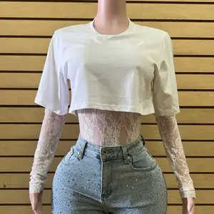 Women's Crop Top with Flower-Embroidered Lace - Womenswear Bodysuit (Available in White, Pink, Black, Brown), Bodysuits