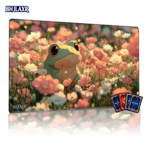 Cute Cartoon Green Frog & Vibrant Flower Field MTG Playmat - 12x24in Non - Slip, Perfect for TCG MTG Card Game, Family Gathering & Gift, Joyful Tranquil Gaming Accessory