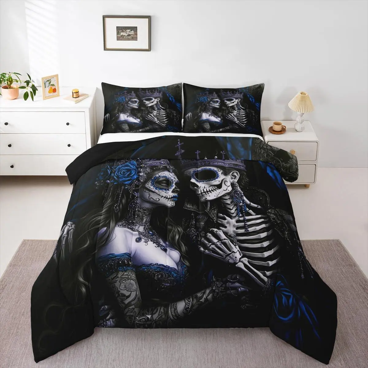 Sugar Skull Couple Comforter Set,Vintage Gothic Bedding Set,Retro Goth Skeleton Down Comforter for Men Victorian Antique Decor Spooky Bone Exotic Quilt,Blue Rose Floral Room Decor Aesthetic