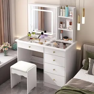 White Vanity Desk Set with Large Sliding Lighted Mirror & Glass Top, Modern Makeup Dressing Table with Drawers, Storage Shelves & Stool for Bedroom