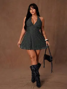 Rustia Plus Size Women Deep V-Neck Polka Dot Casual Dress