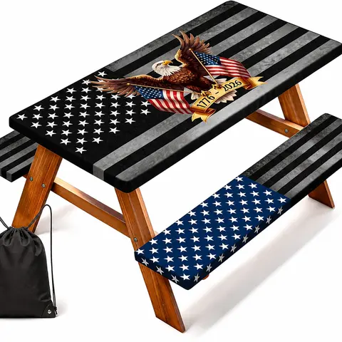 Flag Theme Patriotic Eagle 250th Anniversary 6FT Rectangle Picnic Table & Bench Cover Set, 72x30 in, Full Elastic Wrap, Quick Elastic Fit, Waterproof, Windproof, Polyester, Storage Bag, Great for Park Picnics
