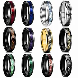 2025 Jewelry Design Fashion 8mm Men's Stainless Steel Celtic Dragon Ring Inlay Red Green Black Carbon Fiber Ring Wedding Band Charm Jewelry Gifts