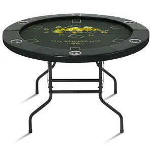 Round Poker Table Foldable, Folding Texas Holdem Table, 6 Players Portable Casino Card Game Table w/Water-Resistant Cushioned Rail and Stainless Steel Cup Holders, Brown/Black