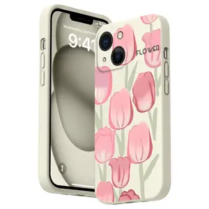 Straight Edge Phone Case for iPhone 15 Plus 16 Pro Max 14 13 12 11 XR E XS Simple Pink Tulips Pattern Full Body Protection Shockproof Soft Silicone Cover