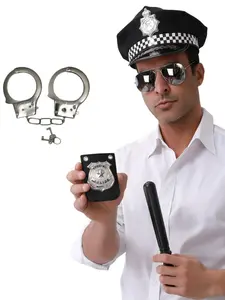 Police Costume Set for Man, Hat + Glasses + Badge + Fake Baton + Handcuffs, 5 Pieces, Couple Gift, Festive Party Props, Birthday Present, Festival Wear