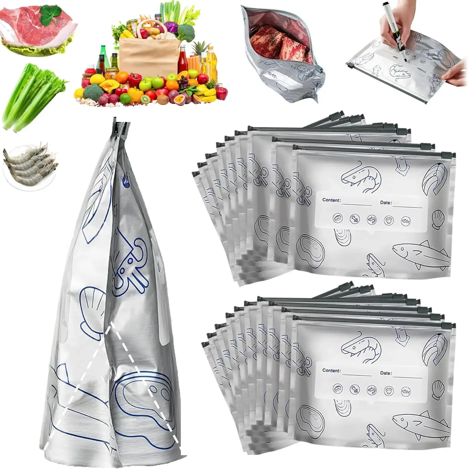 30PCS Reusable Aluminum Zipper Storage Bags,- zip lock 3 Sizes, Freezer-Safe, upright aluminum foil,new resealable vacuum zipper pouch for Meat, Vegetables, Kitchen Organization