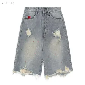 New2025Rhinestone Application Jort Casual Denim Shorts Wide Leg Jeans Streetwear Trendy Bottoms
