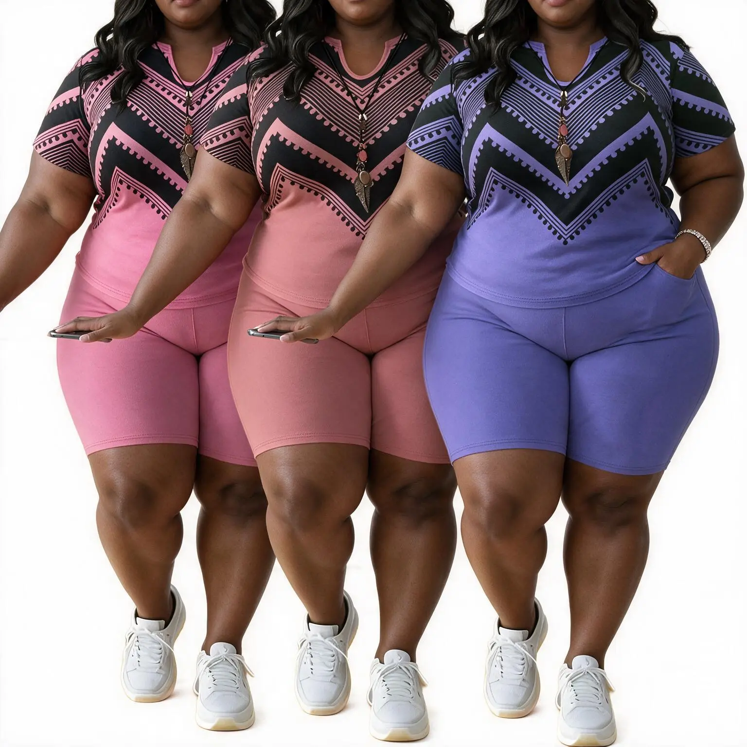 Plus Size Women's 2 Piece Lounge Set - Printed Short Sleeve Top & Pocket Pants Matching Outfit