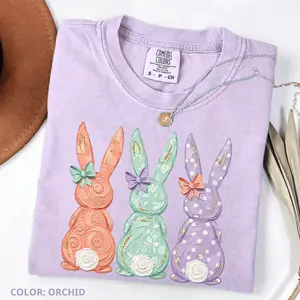 Comfort Colors Easter Bunnies Hand-Painted T-shirt , Easter Pastel Shirt, Girls Easter Spring Patterns Coquette