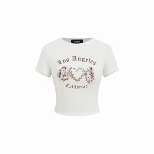 Cider Los Angeles California Cotton-blend Round Neckline Angel Lace Trim Crop Tee