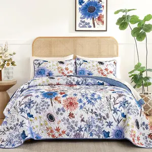 Blue Floral Set Queen Size, Summer Botanical Bedspread Bedding Set, 3 Pieces Soft Lightweight Microfiber Coverlet with 2 Pillow Shams for All Season 96x90 Inch