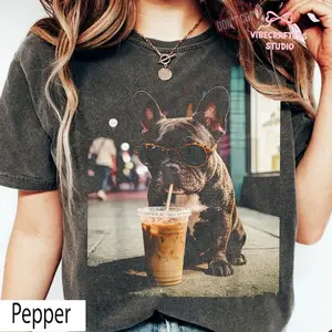 Comfort Colors French Bulldog Iced Coffee TShirt, Funny Dog Coffee Lover Tee, Grunge Frenchie Graphic TShirt, Trendy Aesthetic Dog Tee