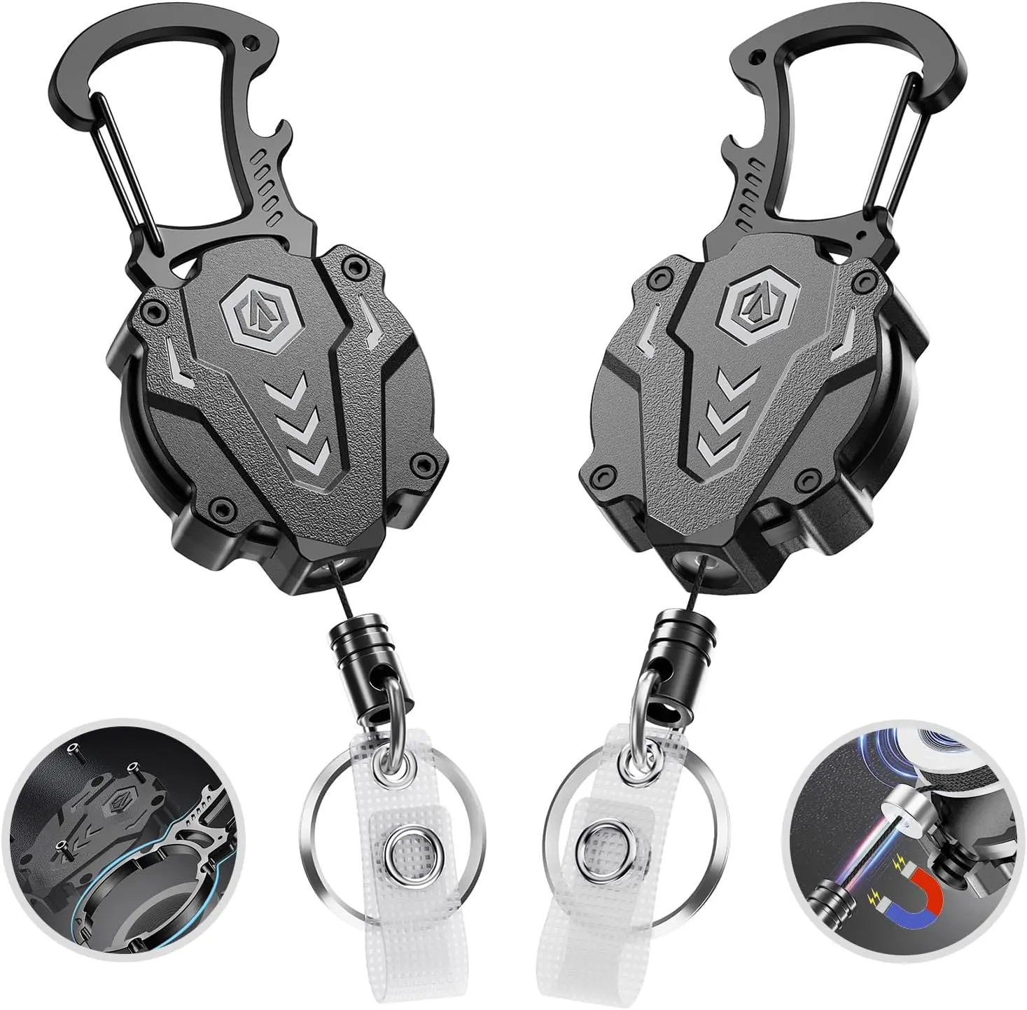 2Pack Heavy Duty Retractable Keychain, Unbreakable Construction | Tactical ID Badge Holder Reel Carabiner Clip with Magnetic Holds 25oz, 31" Dyneema Cord, for Men
