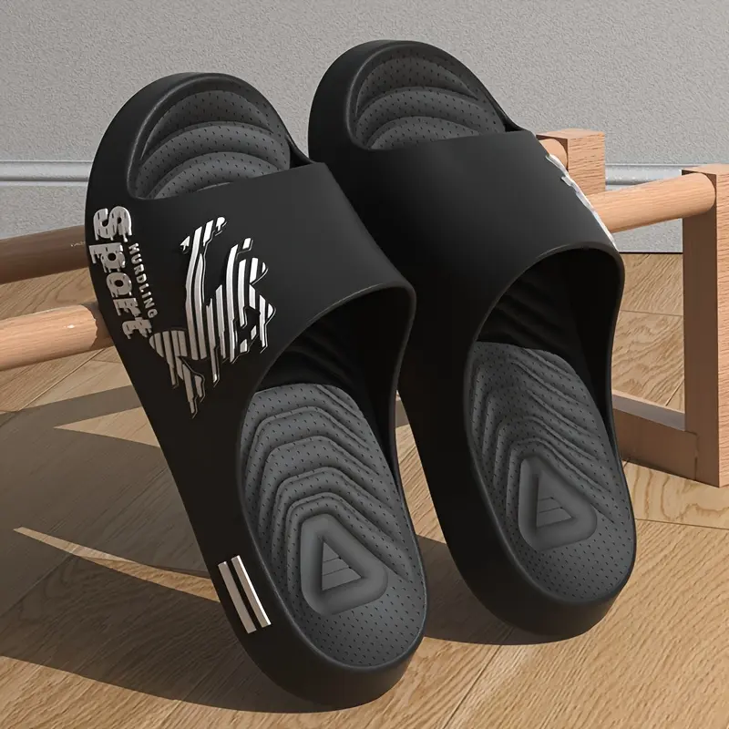 Men's Comfortable Flip Flop Shoes - Non-Slip, Lightweight, Durable Indoor Slippers with Hollow Breathable Design, Fashion Letter Printing, Street Style Parent Pedal Black Footwear, Shoe, Flipflop