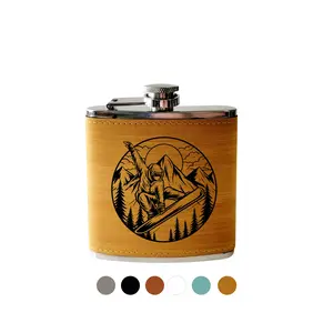 Flask Snowboarder with Mountains. Hip flask Skiing, winter sports. Engraved Leather hip flask stainless steel