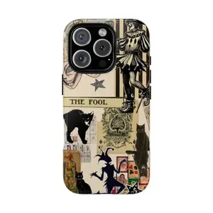 The Fool Tarot Card: Wizard, Jester, Black Cat pattern phone case featuring a stylish, dual-layer shock-absorbing TPU design; compatible with iPhone 11 through 17 series (Pro Max and Pro Plus models) and the Samsung S25 Ultra