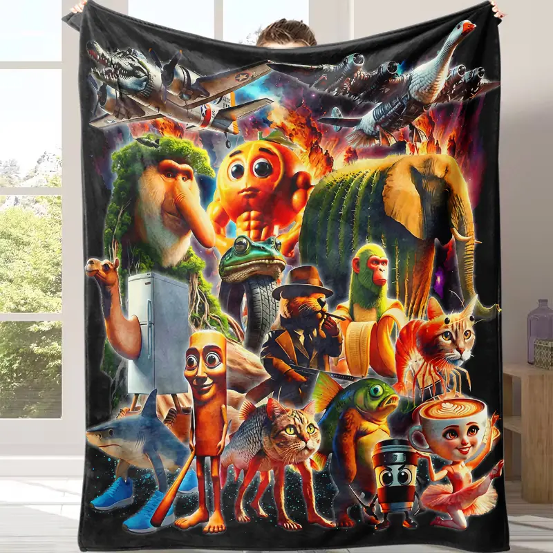 Trippy Surreal Animal Meme Flannel Throw Blanket, Weirdcore Whimsical Collage Cozy Blanket, Ultra-Soft Warm Blanket for All Seasons, Ideal Gift for Meme Lovers, Weirdcore Fans, Birthdays & Any Special Occasion
