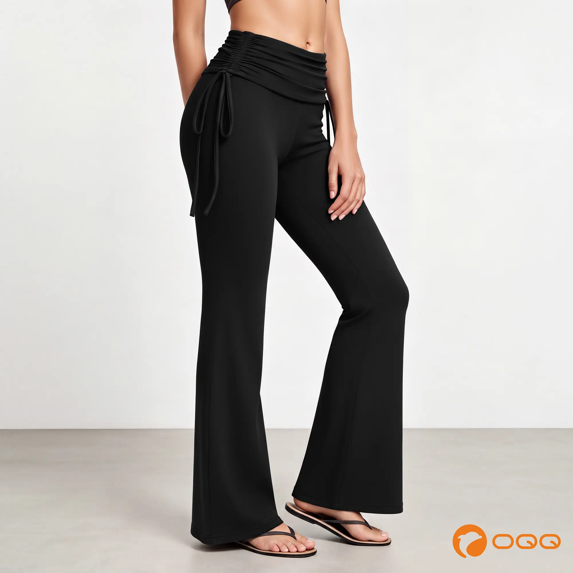 OQQ Women Fold-Over Ruched Flare Yoga Pants, Adjustable Side Drawstring High-Waist Bootcut Soft Stretch Workout Leggings
