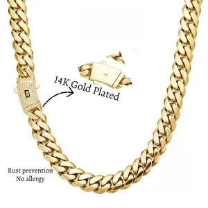 14k Real Gold Plated Cuban Necklace Miami Link Chain with Diamond Clasp Anti-Friction for Men Women Stainless Steel Thick Chain Hip Hop Jewelry 6/8/10/12/14MM Colorfast Waterproof  Thickened Black Friday