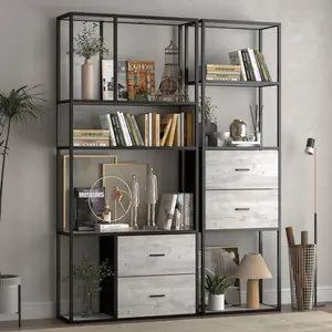 NAIYUFA Bookshelf with  Large Capacity, Tall Book Shelves with Drawers, Wood Bookcase for Living Room, Home Office, Study Room, Grey