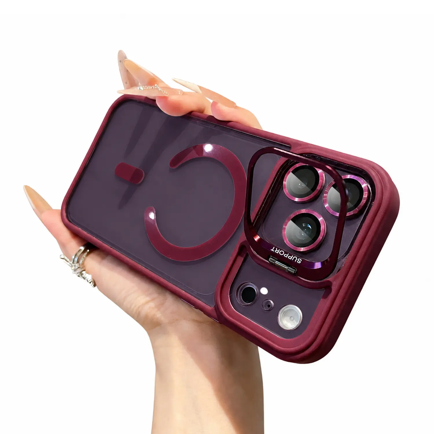 Apple iPhone 18 Pro Max 17 16 15 14 13 12 Magnetic Case,MagSafe Compatible,Built-in Stand,Camera Lens Protector, Scratch-Resistant Clear Back, Anti-Yellowing, Protective Cover,Burgundy