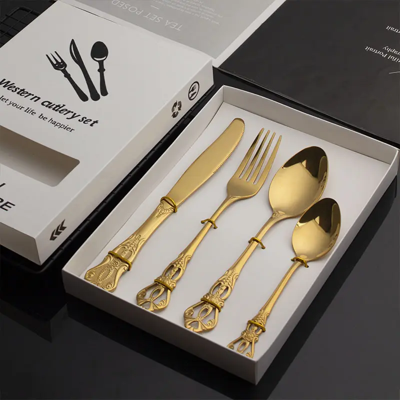 Vintage embossed stainless steel cutlery set, 4-piece Western-style tableware, comes with gift box