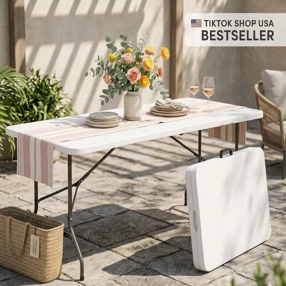 6FT Folding Rectanglular Table – Portable Heavy Duty Indoor Outdoor Plastic Utility Table for Camping, Picnic, Party, BBQ & Wedding Events