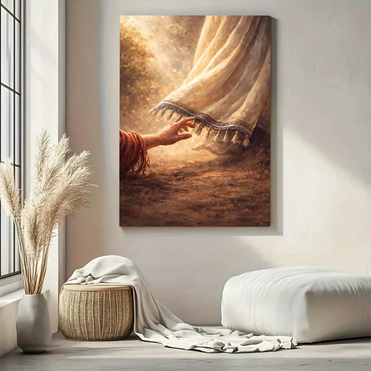2D flat print canvas wall art, religious poster featuring a woman touching the hem of Jesus ’ garment, Christian home wall decor decorations, inspirational print gift for church, bedroom, living room, and chapel interior wall decor