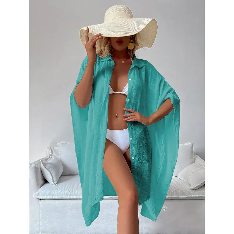 Polo collar shirt-style loose beach cardigan vacation sun protection clothing bikini cover-up swimsuit outer cardigan beach skirt