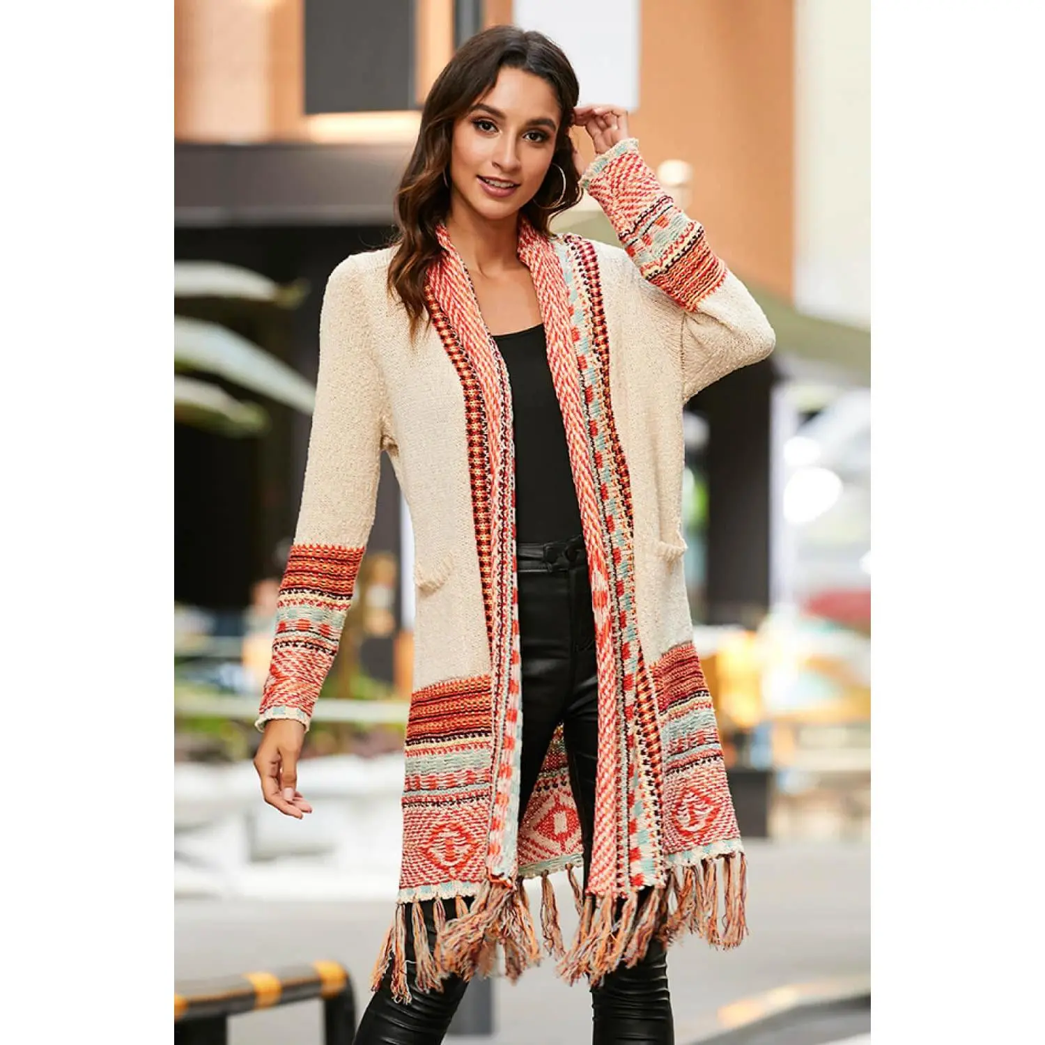 Multicolored Tassel Hem Open Front Cardigan