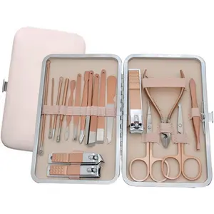 Manicure Set - Luxurious Leather Travel Case with Complete Stainless Steel Nail Clippers and Care Tools - Portable 18-Piece Nail Kit (Pink)