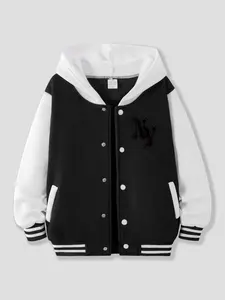 Teen Boys Hooded Baseball Jacket, Letter Print Design, Fall & Winter Casual Schoolwear, Comfortable Daily Wear, Long Sleeve Loose-Fitting