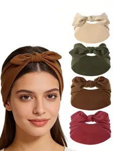 4pcs Boho Yoga Sports Headbands, Rabbit Ears Bow Elastic Non-Slip Wide Sweat Absorbent Crossed Hair Bands for Women, All Seasons Use