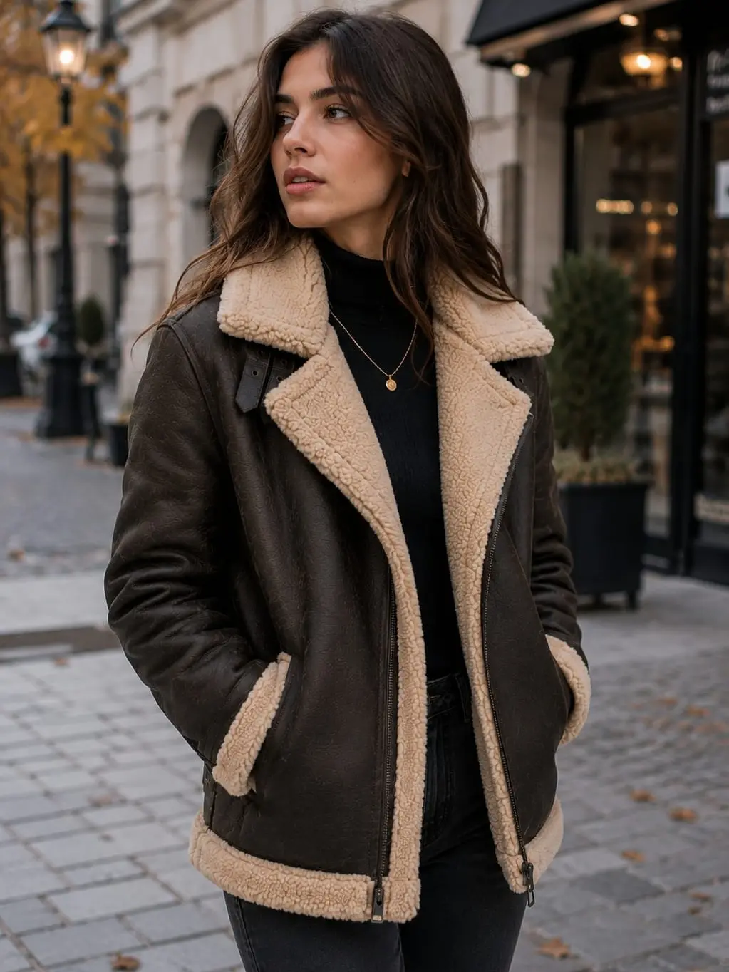 Shearling Jacket for unisex jacket - Brown Color, Long Sleeve, Zipper Closure, Casual Style, Fall & Winter Wear Leather Outerwear