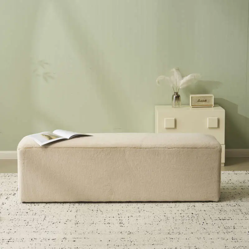 Almond Rectangular Long Plush Ottoman - Backless, Armless Modern Simple Footstool & Seat, Soft Texture Plush Fabric, Easy Clean & Maintain, 17.42 lbs, Humanized Size Design, 55.00x18.00x15.00in Bedroom Indoor Furniture for Home Relaxation (3-Person Use)