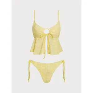Yellow O-Ring Plaid Tankini Set Romantic Watercolor Flower Tankini Two Piece Outfit Elastic Hem Design Light Portable Style Ladies Coastal Leisure Vacation Water Play Swimwear