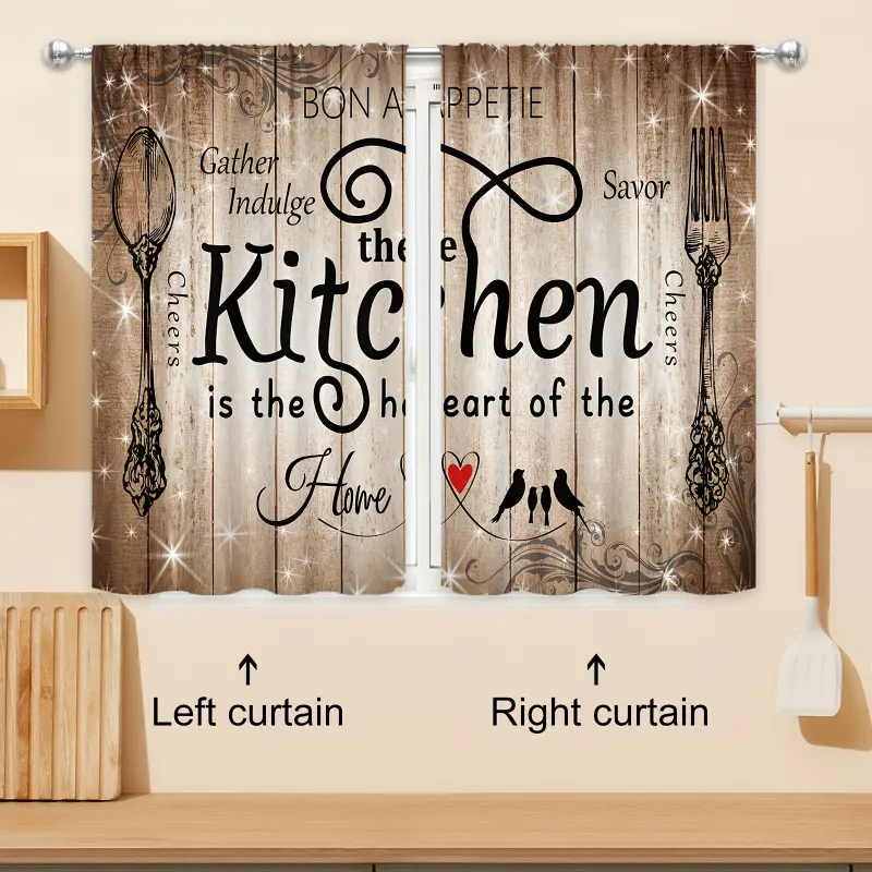 2pcs Farmhouse Ruffle Curtains - 27.5in*39in Brown Polyester Decorative Design Curtains, Vintage Floral Print, Bohemian Style, Fork & Spoon Wood Board Funny Quotes Pegboard Design, 2-Piece Set for Dining Room Window Decor